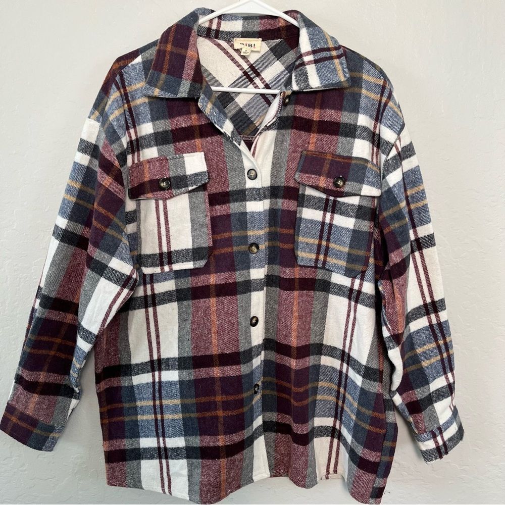 BiBi Burgundy Blue Plaid Flannel Shacket Oversized Shirt Jacket Women's Size S